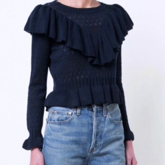 LoveShackFancy Alpaca Knit Sweater Blue Size Large Ruffle Navy Pointelle‎ Boho L - Picture 15 of 15